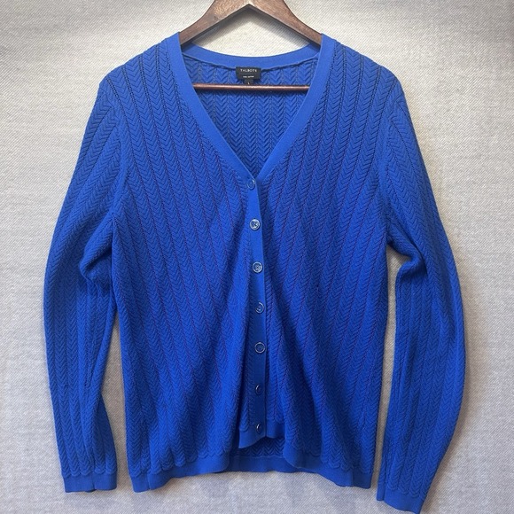 Talbots Women's 100% Pima Cotton Ponte Knit Cardigan Sweater Large Royal Blue - Picture 2 of 6